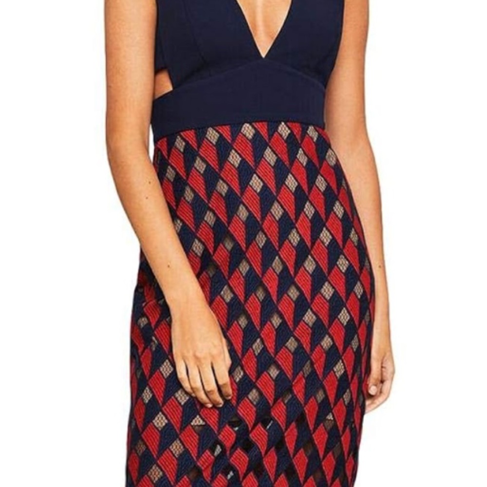 BCBGMaxAzria Elegant Deep V-neck Navy & Red Geometric print Dress- Sleeveless